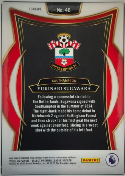 Back of 2024 Panini Select Premier League Yukinari Sugawara #46 Terrace, upright portrait-oriented card back. A white border surrounds a symmetrical red, black, white, and gold ornamental frame. The Southampton FC crest…
