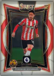 Front of 2024 Panini Select Premier League Yukinari Sugawara #46 Terrace, upright portrait soccer card front. The top center displays the SELECT logo and 24-25 season marking, with a ROOKIE RC CARD badge at upper right…