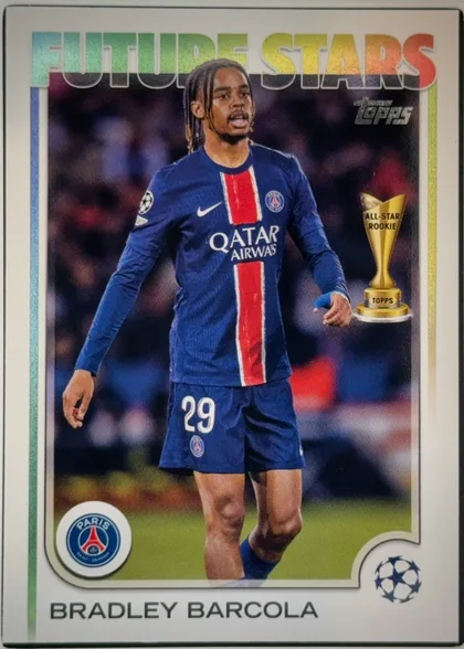Front of 2024 Topps UEFA Bradley Barcola #116 Base, portrait soccer card front. Large multicolored FUTURE STARS title spans the top. A player in a Paris Saint-Germain blue kit is shown centrally in an…