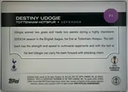 Back of 2024 Topps UEFA Destiny Udogie #71 Base, upright landscape-oriented card back. A black band spans the upper section with the player name in large white uppercase type, followed by Tottenham…