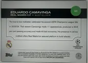 Back of 2024 Topps UEFA Eduardo Camavinga #93 Base, back of a soccer card. A black header band spans the upper portion and displays the player's name in large white uppercase type, with team and…