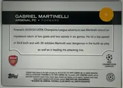Back of 2024 Topps UEFA Gabriel Martinelli #5 Base, back side in upright orientation. A black header band spans the card near the top, with the player name in large white capitals and “ARSENAL FC •…