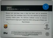 Back of 2024 Topps UEFA GAVI #6, upright horizontal biography back. A dark charcoal header spans the upper portion, with the white name "GAVI" at left, "FC BARCELONA • MIDFIELDER"…