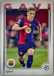 Front of 2024 Topps UEFA GAVI #6, portrait-oriented football card front. A large cropped red title is visible across the top, with a central action photograph of GAVI wearing an FC…