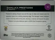 Back of 2024 Topps UEFA Gianluca Prestianni #36, landscape-oriented card back. A black horizontal band across the upper portion contains the large white name GIANLUCA PRESTIANNI and the smaller…