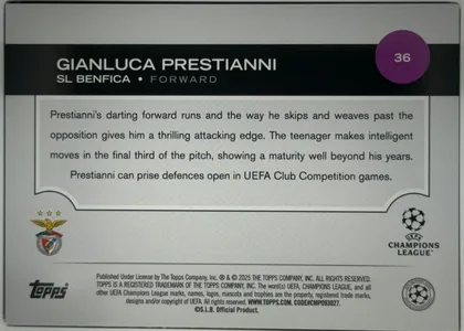Back of 2024 Topps UEFA Gianluca Prestianni #36, landscape-oriented card back. A black horizontal band across the upper portion contains the large white name GIANLUCA PRESTIANNI and the smaller…