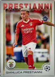 Front of 2024 Topps UEFA Gianluca Prestianni #36, front of a soccer card. A full-bleed action photo shows a player with short blond hair in a red Benfica home kit (white Adidas stripes, 'Emirates…