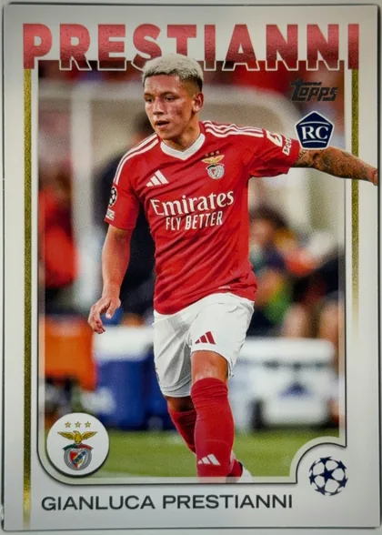 Front of 2024 Topps UEFA Gianluca Prestianni #36, front of a soccer card. A full-bleed action photo shows a player with short blond hair in a red Benfica home kit (white Adidas stripes, 'Emirates…