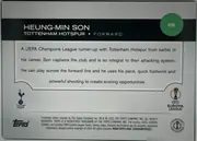 Back of 2024 Topps UEFA HEUNG-MIN SON #68, landscape-oriented card back. A black header band spans the upper portion, with large white HEUNG-MIN SON text, smaller white TOTTENHAM HOTSPUR •…