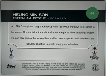 Back of 2024 Topps UEFA HEUNG-MIN SON #68, landscape-oriented card back. A black header band spans the upper portion, with large white HEUNG-MIN SON text, smaller white TOTTENHAM HOTSPUR •…