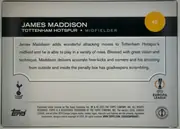 Back of 2024 Topps UEFA James Maddison #45 Base, upright landscape-oriented card back. A black horizontal header across the top displays JAMES MADDISON and TOTTENHAM HOTSPUR • MIDFIELDER in white…