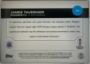 Back of 2024 Topps UEFA James Tavernier #26, upright landscape-format card back. A black header band across the upper portion displays JAMES TAVERNIER and RANGERS F.C. • DEFENDER in white…