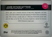 Back of 2024 Topps UEFA Jamie Bynoe-Gittens #58 Base, upright landscape-oriented card back. A black header band across the upper portion contains the large white player name, team and position, with a…