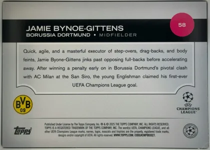 Back of 2024 Topps UEFA Jamie Bynoe-Gittens #58 Base, upright landscape-oriented card back. A black header band across the upper portion contains the large white player name, team and position, with a…