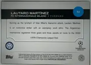 Back of 2024 Topps UEFA Lautaro Martínez #50 Base, back of a soccer trading card. A black header band contains the large white player name LAUTARO MARTÍNEZ and the line FC INTERNAZIONALE MILANO •…