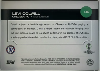 Back of 2024 Topps UEFA Levi Colwill #145 Base, upright landscape-format card back. A black header band spans the width near the top, with the player name in large white uppercase text and…