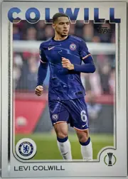 Front of 2024 Topps UEFA Levi Colwill #145 Base, portrait soccer card front featuring Levi Colwill in a Chelsea blue uniform running in a stadium. The large blue word COLWILL spans the top, with a…