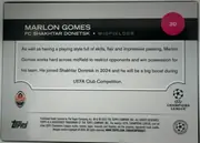 Back of 2024 Topps UEFA Marlon Gomes #30 Base, landscape-oriented player biography back. The top has a light gray strip above a wide black header with large white MARLON GOMES text, team and…