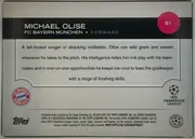 Back of 2024 Topps UEFA Michael Olise #81 Base, back of a soccer card. The upper section has a black horizontal band with large white player name text, team and position beneath it, and a magenta…