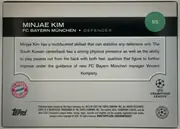 Back of 2024 Topps UEFA Minjae Kim #55, back of a soccer card. A wide black header band near the top contains the white name MINJAE KIM and the line FC BAYERN MÜNCHEN • DEFENDER. A green…