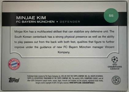 Back of 2024 Topps UEFA Minjae Kim #55, back of a soccer card. A wide black header band near the top contains the white name MINJAE KIM and the line FC BAYERN MÜNCHEN • DEFENDER. A green…