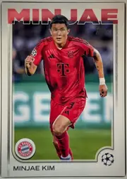 Front of 2024 Topps UEFA Minjae Kim #55, front of a soccer card. A large red stylized surname 'MINJAE' spans the top over a white header band. The central photograph shows a player in a red…
