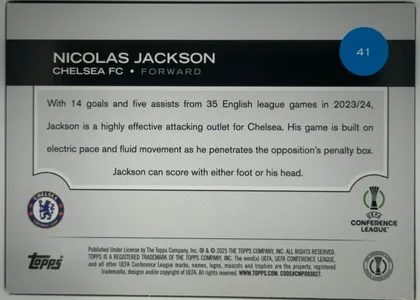 Back of 2024 Topps UEFA Nicolas Jackson #41 Base, back side, upright. A black header band spans the top with 'NICOLAS JACKSON' in large white capitals and 'CHELSEA FC • FORWARD' beneath in smaller…