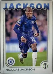Front of 2024 Topps UEFA Nicolas Jackson #41 Base, front of a soccer card. A full-length action photograph of a player in a blue Chelsea home kit (long-sleeve shirt, blue shorts with white number 15…