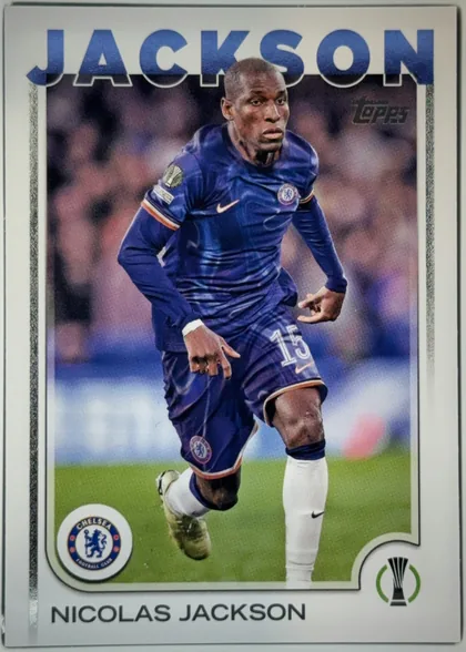 Front of 2024 Topps UEFA Nicolas Jackson #41 Base, front of a soccer card. A full-length action photograph of a player in a blue Chelsea home kit (long-sleeve shirt, blue shorts with white number 15…
