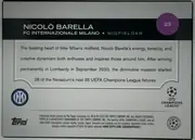 Back of 2024 Topps UEFA Nicolò Barella #23 Base, landscape-oriented statistics/biography back. A black header band across the upper portion carries the large white player name, team, position, and…