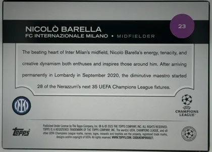 Back of 2024 Topps UEFA Nicolò Barella #23 Base, landscape-oriented statistics/biography back. A black header band across the upper portion carries the large white player name, team, position, and…