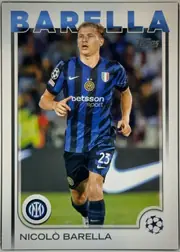 Front of 2024 Topps UEFA Nicolò Barella #23 Base, front of a soccer card. A full-bleed photograph shows a player running on a green pitch wearing a blue-and-black vertically striped Inter Milan…