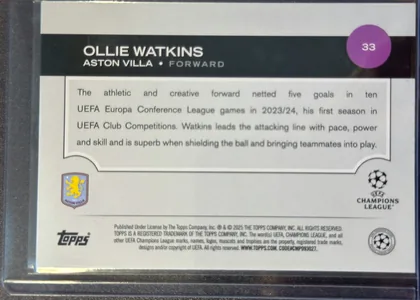 Back of 2024 Topps UEFA Ollie Watkins #33, back side of a soccer card. A black header across the upper portion displays OLLIE WATKINS in large white uppercase type, with ASTON VILLA • FORWARD…
