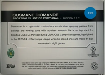 Back of 2024 Topps UEFA OUSMANE DIOMANDE #122, back of a football card. A black horizontal header near the top contains the player name in large white uppercase type, the team name and position…