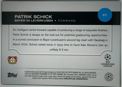 Back of 2024 Topps UEFA Patrik Schick #67, upright landscape-oriented statistics/biographical back. A black header band across the upper portion contains the large white player name, team and…