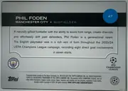 Back of 2024 Topps UEFA Phil Foden #47 Base, upright landscape-oriented player card back. A black band across the upper portion displays PHIL FODEN, MANCHESTER CITY, and MIDFIELDER in white…