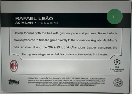 Back of 2024 Topps UEFA Rafael Leão #11 Base, back side of a soccer card. A black header band across the upper portion contains the large white name “RAFAEL LEÃO,” with “AC MILAN • FORWARD”…