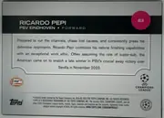 Back of 2024 Topps UEFA Ricardo Pepi #63 Base, upright landscape-oriented card back. A black header band across the upper portion contains the large white player name, team and position, with a…