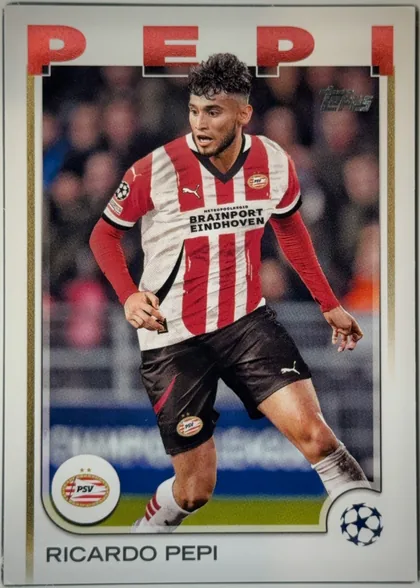 Front of 2024 Topps UEFA Ricardo Pepi #63 Base, front of a soccer card. Large red capital letters 'PEPI' span the top. A full-color action photograph of a player in a red-and-white vertically…