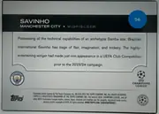Back of 2024 Topps UEFA Savinho #56 Base, landscape-oriented card back. A black header band spans the upper portion with the large white name SAVINHO at left, MANCHESTER CITY • MIDFIELDER…