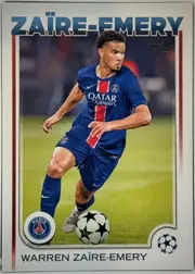 Front of 2024 Topps UEFA Warren Zaïre-Emery #197 Base, front of a portrait soccer card. A large blue headline 'ZAÏRE-EMERY' with white outline spans the top. Below it is a full-color action photograph of…