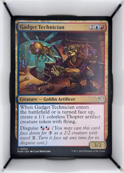 Front of 2024 Wizards of the Coast Murders at Karlov Manor Gadget Technician #0204 normal, front of a portrait MTG card. Top name bar reads 'Gadget Technician' with a mana cost of {2}{U}{R} at upper right. Central color artwork by Caio…