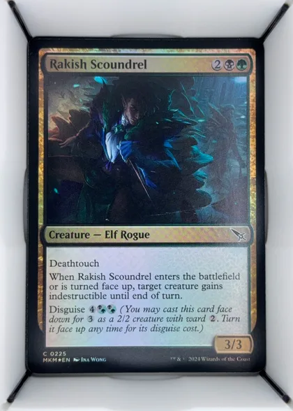 Front of 2024 Wizards of the Coast Murders at Karlov Manor Rakish Scoundrel #0225 foil, front face of a Magic: The Gathering creature card in portrait orientation. Top title bar in pale gold reads 'Rakish Scoundrel' with mana cost 2…