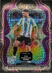 Front of 2025-26 Panini – Select Road to FIFA World Cup 2026 Soccer Alexis Mac Allister #160 Mezzanine Prizm, upright portrait soccer-card front. A gold serif "SELECT" sits in a dark oval at top with "'25" and "'26" flanking beneath it. Centered is Alexis…
