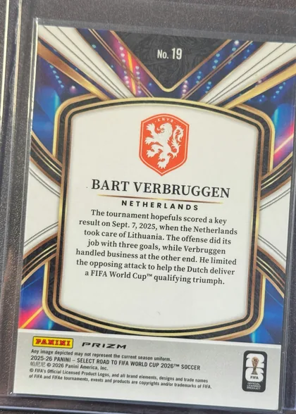 Back of 2025-26 Panini - Select Road to FIFA World Cup 2026 Soccer Bart Verbruggen #19, back of a soccer card. Card number "No. 19" is centered near the upper edge. A red Netherlands crest appears above the prominent centered name "BART…