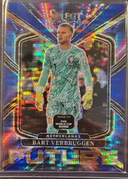 Front of 2025-26 Panini - Select Road to FIFA World Cup 2026 Soccer Bart Verbruggen #19, front-facing upright portrait soccer card. A goalkeeper is centered in a Netherlands kit against a dark blue, black, and multicolored reflective…