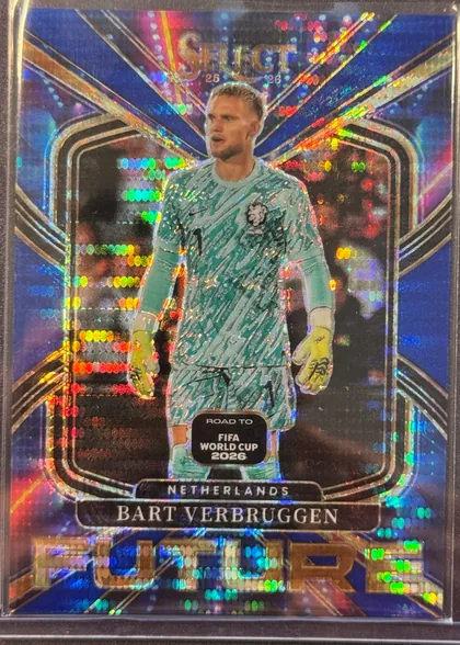 Front of 2025-26 Panini - Select Road to FIFA World Cup 2026 Soccer Bart Verbruggen #19, front-facing upright portrait soccer card. A goalkeeper is centered in a Netherlands kit against a dark blue, black, and multicolored reflective…