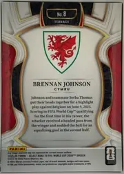 Back of 2025-26 Panini - Select Road to FIFA World Cup 2026 Soccer Brennan Johnson #8 Base Terrace, upright portrait card back with a decorative symmetrical frame in white, gray, black, red, and gold. A black-and-gold label at the top reads "No. 8"…