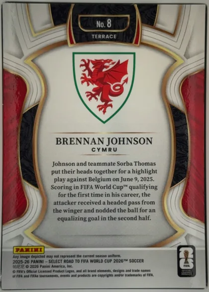 Back of 2025-26 Panini - Select Road to FIFA World Cup 2026 Soccer Brennan Johnson #8 Base Terrace, upright portrait card back with a decorative symmetrical frame in white, gray, black, red, and gold. A black-and-gold label at the top reads "No. 8"…