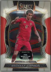 Front of 2025-26 Panini - Select Road to FIFA World Cup 2026 Soccer Brennan Johnson #8 Base Terrace, portrait soccer card front at 0 degrees. A dark textured top panel carries a large metallic SELECT logo with "25" and "26" flanking its base. A…
